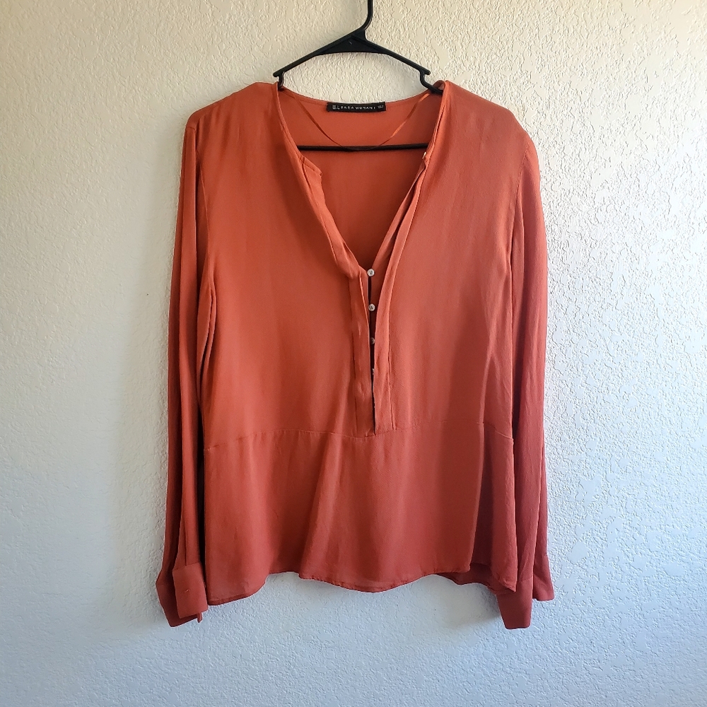 Zara Burnt Orange Top Long Sleeve Half Way Button Career Office Breathable
